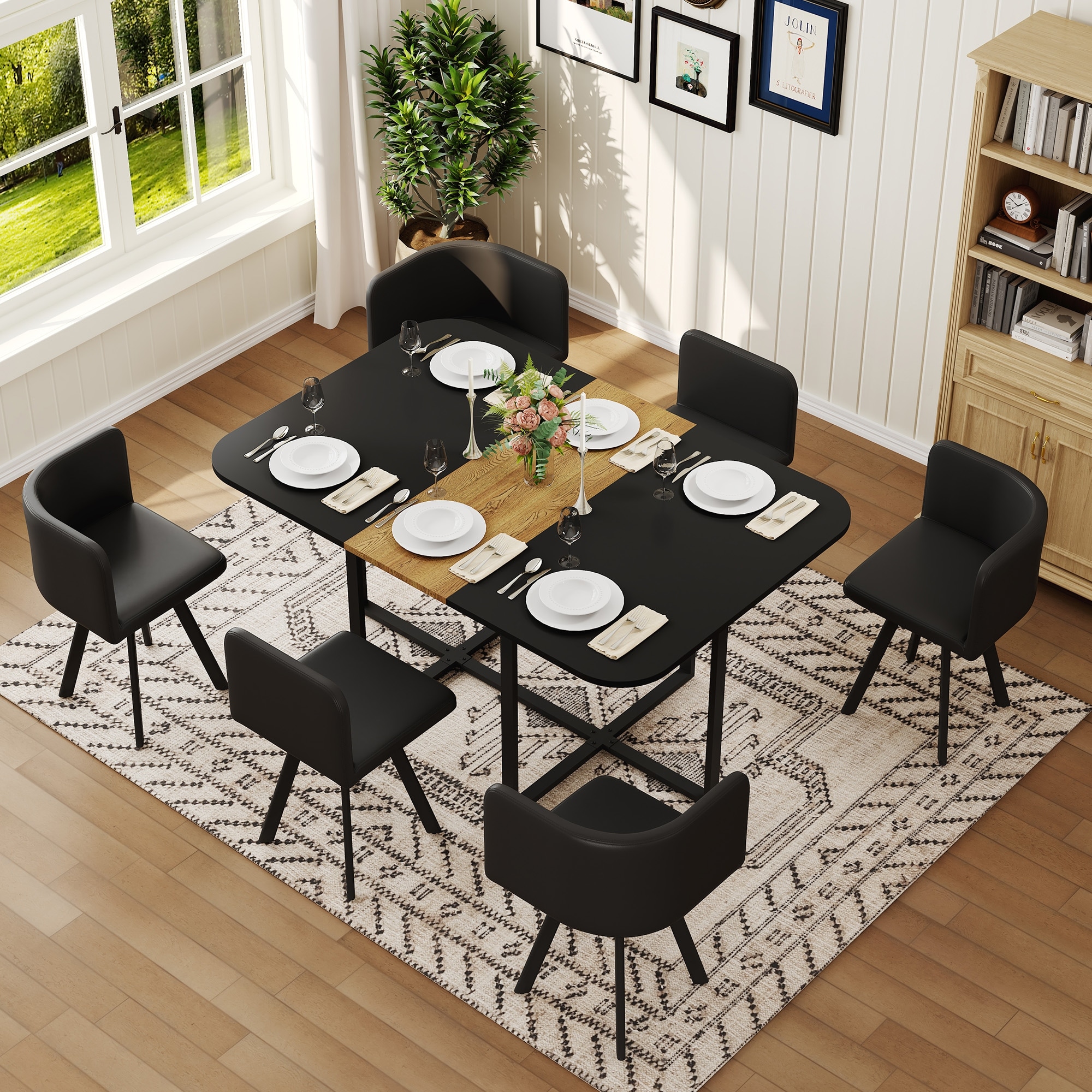 7-Piece Dining Table Set with 6 PU Leather Upholstered Chairs