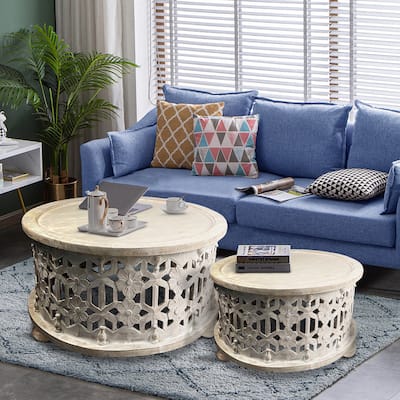 30 Inch Round 2 Piece Wood Coffee Table Set, Carved Floral Design, Antique White