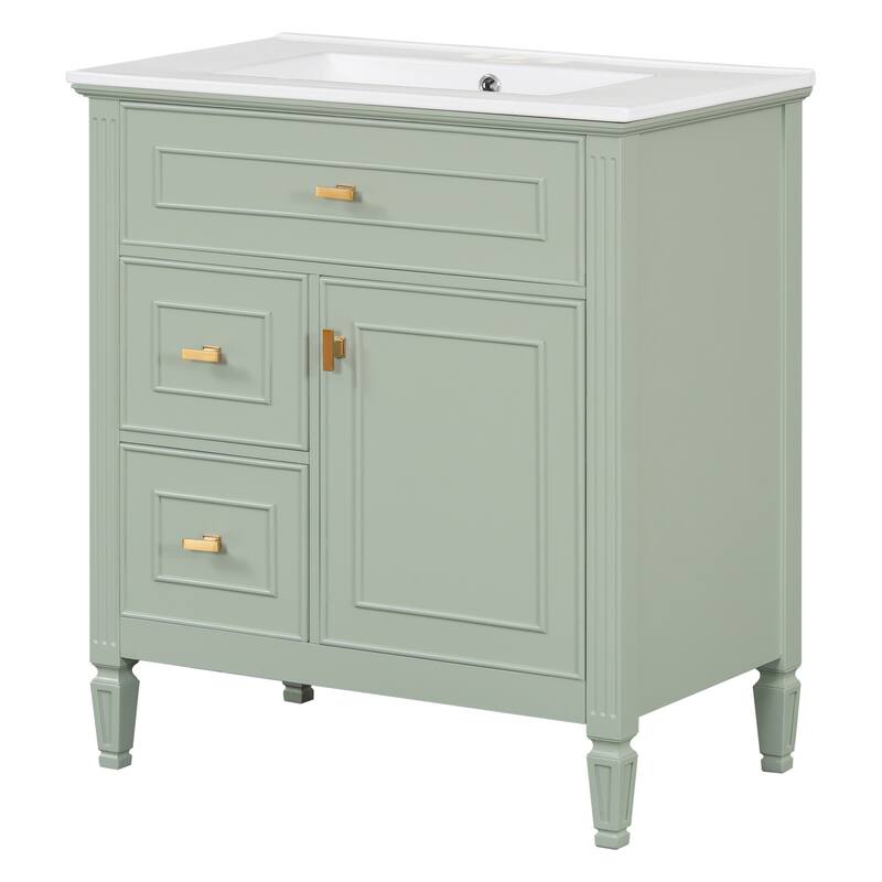 Roomfitters 30" Bathroom Vanity with Ceramic Sink, Solid Wood Frame with Flip Drawer, 2 Side Drawers & Adjustable Shelf