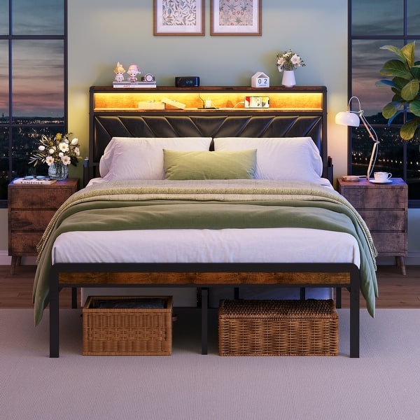 slide 2 of 10, Queen Bed Frame with Tilted Headboard, LED Lights, Charging Station & Storage, Black + Brown Black + Brown