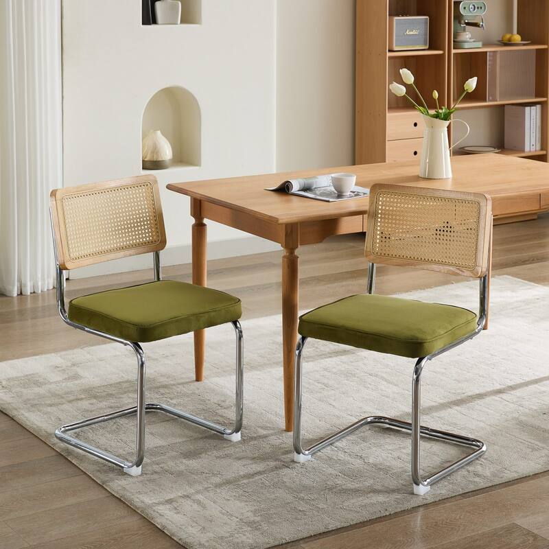 Set of 2 Upholstered Velvet Dining Chairs with Natural Cane Back - Green