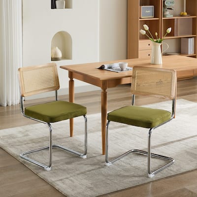 Velvet Dining Chair, Mid Century Dining Table Chair, Accent Chair with Natural Cane Back, Restaurant Home Chair, Set of 2