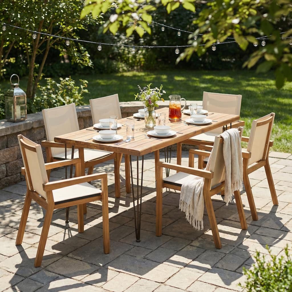 Christopher Knight Home - Arborvale 7-Piece Farmhouse Acacia Wood Outdoor Dining Set with Live Edge Table and Mesh Chairs
