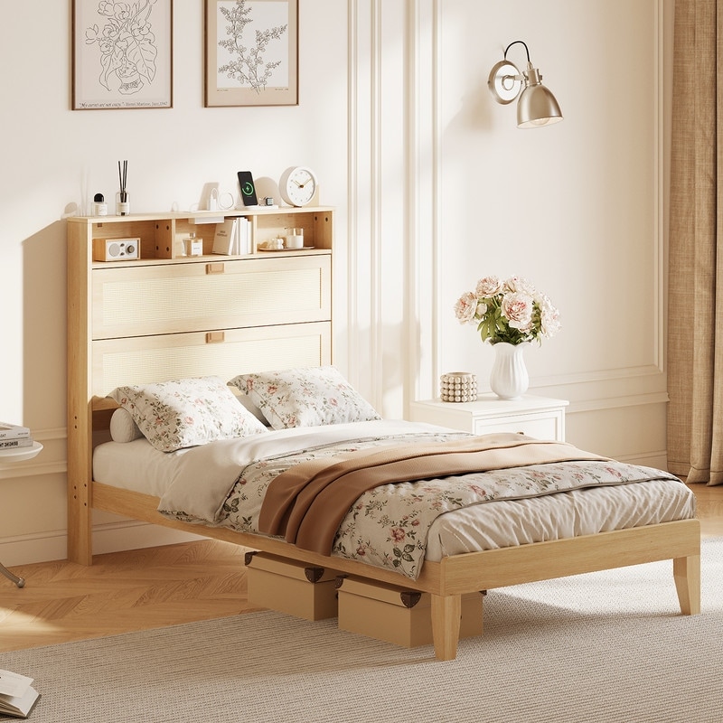 Boho Rattan Platform Bed Frame with Bookcase Storage Headboard, Charging Station,Space Saving Bed for Bedrooms