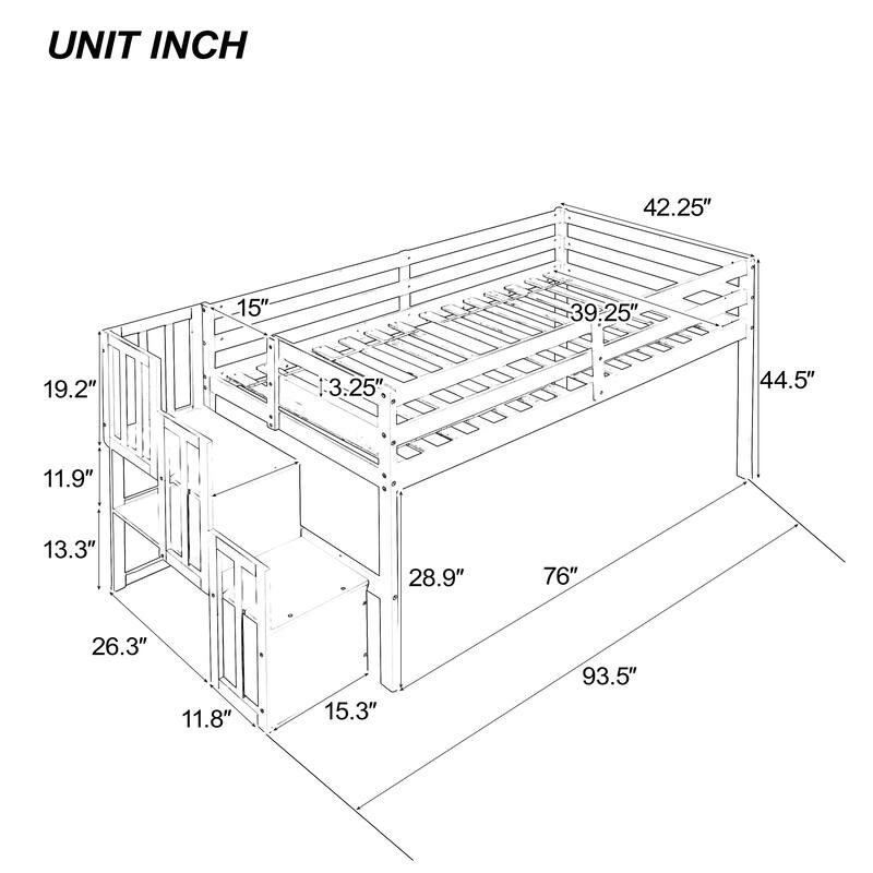Grey Twin Size Pine Wood Loft Bed with Staircase and Fence