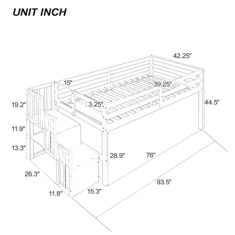 Twin Pine Loft Bed with Staircase & Fence