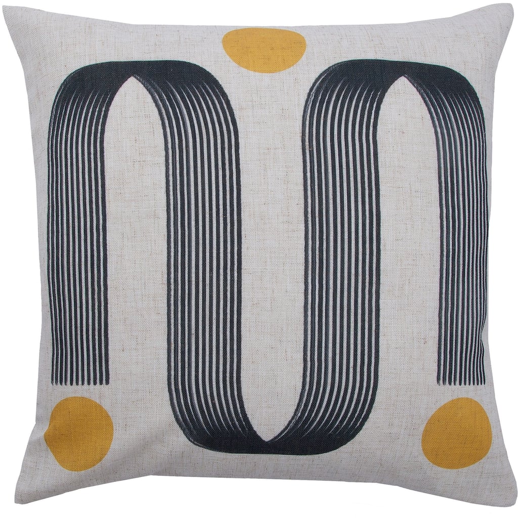 20" Ivory and Black Abstract Line Curls Printed Square Throw Pillow