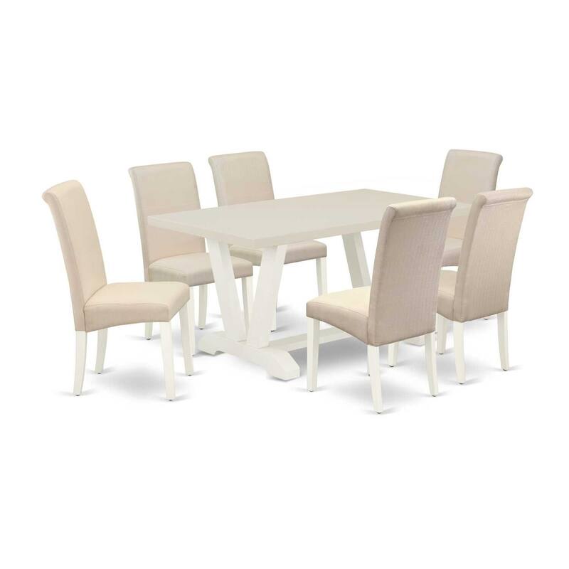 Neo-Classical Dining Set - 7 Piece Table & Chair Set - Linen White & Cream - Hardwood Frame - Elegant Parson Chairs - 60