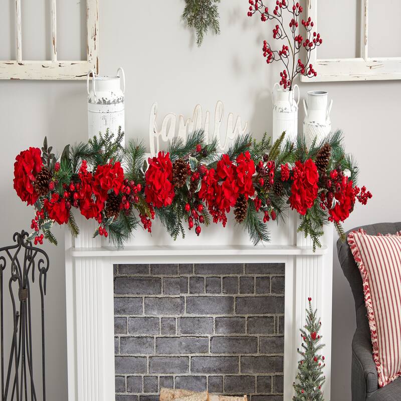 6' x 11" Red Hydrangea Artificial Christmas Garland, Unlit