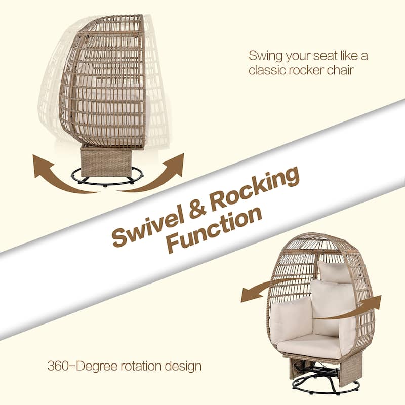 Outdoor Swivel Chair with Cushions, Rattan Egg Patio Chair with Rocking Function for Balcony, Poolside and Garden