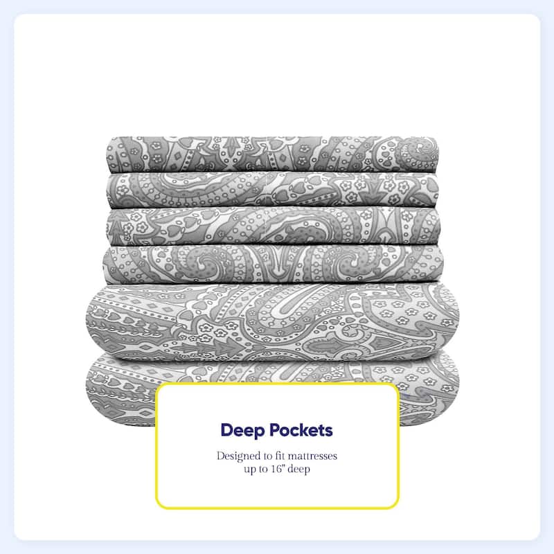 6 Piece Paisley Print Bedroom Bed Sheet Set- Grey
