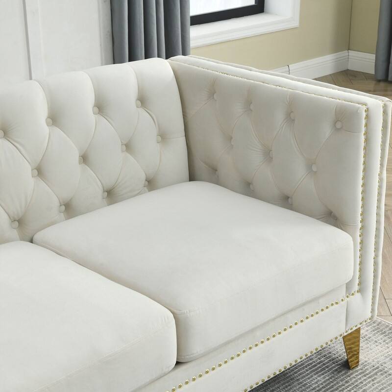Luxury Velvet Upholstered Tufted Sofa with Arms,L Shaped Couch/Living Room Couches with Metal Legs