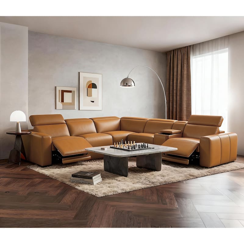 6PCS, 3 power Recliners, Leather Reclining Large Sectional with Power Headrest, Wireless Charging