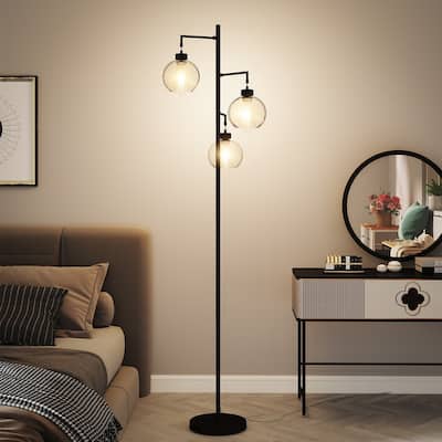 67" Tree-Shaped Living Room Floor Lamp with 3 Lights, Glass Lampshade and Foot Switch