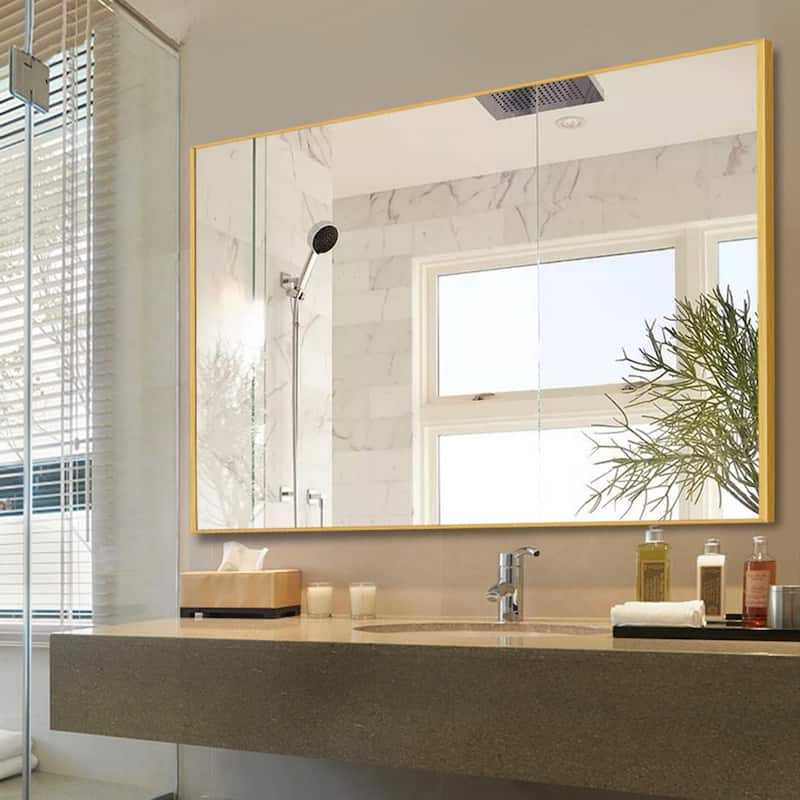 Modern Thin Frame Wall-Mounted Hanging Bathroom Vanity Mirror - 36x24 - Gold