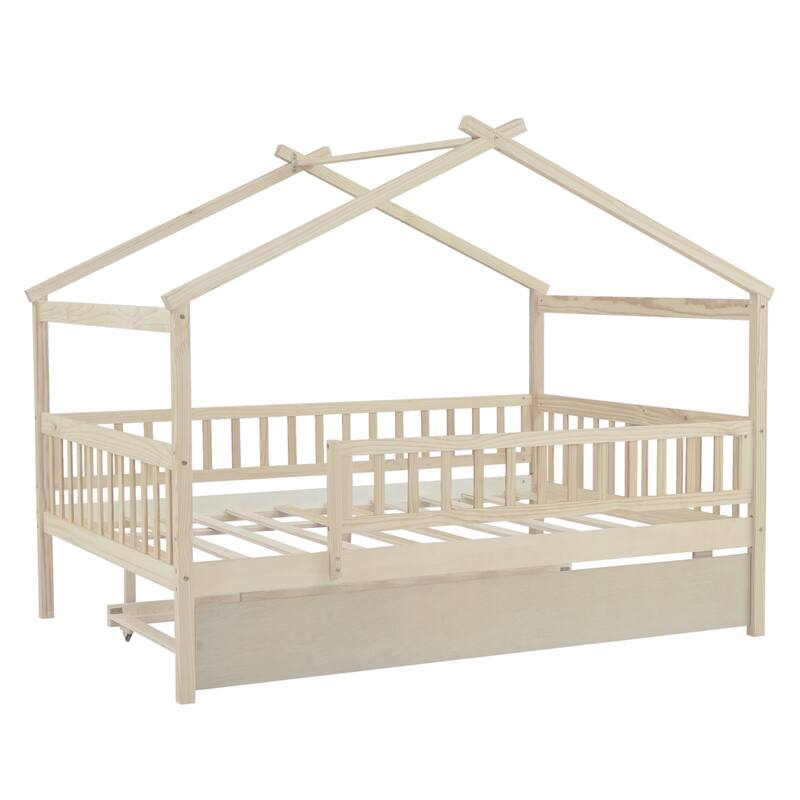 Full Size Wooden House Bed with Twin Trundle, Natural Finish
