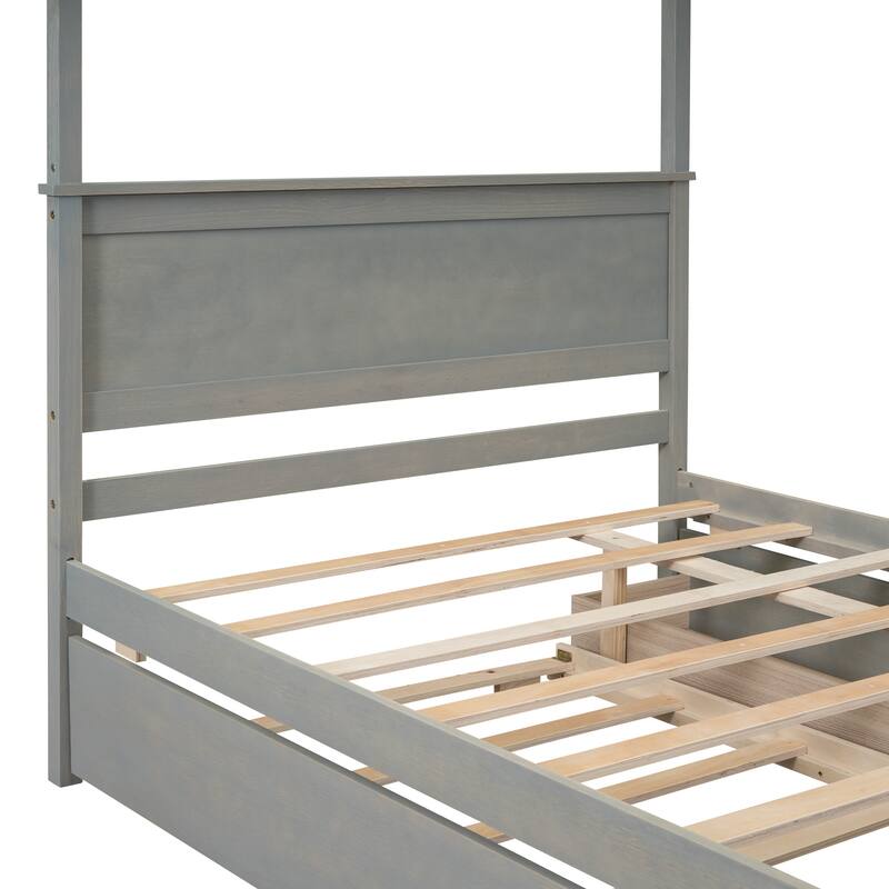 Wood Canopy Bed with Trundle Bed and two Drawers