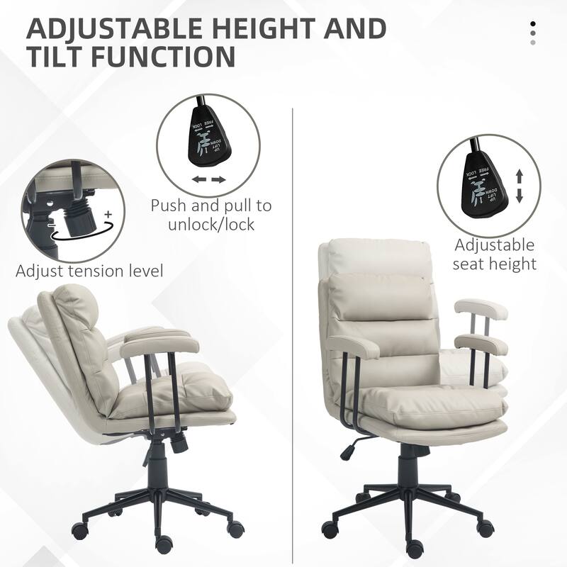 HOMCOM PU Leather Office Chair, Office Desk Chair, Task Computer Chair with Swivel Wheels, Adjustable Height, Double-tier Padded