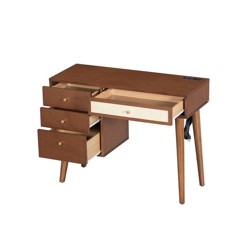 Classic Wooden Makeup Vanity Set with Stool, Dressing Table with 4 Storage Drawers, Walnut