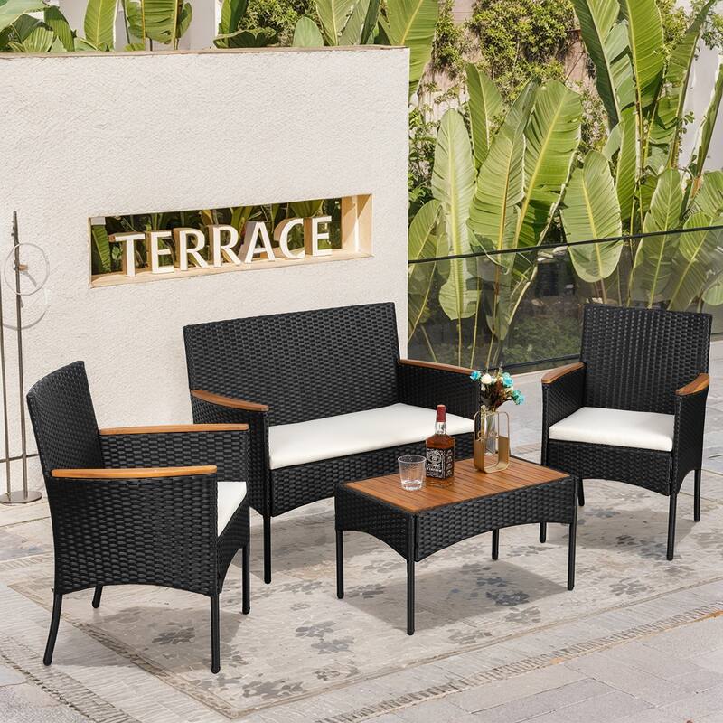 Futzca 4 Pieces Rattan Chair Set Outdoor Patio Furniture Set - Black With Wood