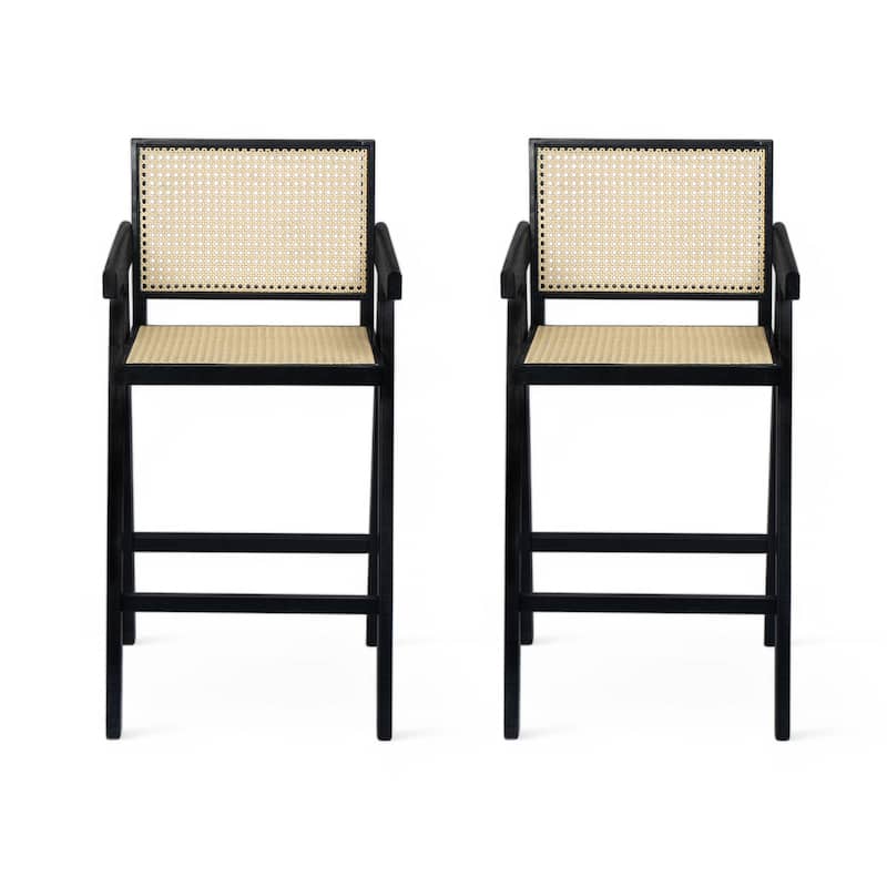 27",Set of 2 Modern Minimalist Bar Stool with Cane Seat, Solid Wood Frame