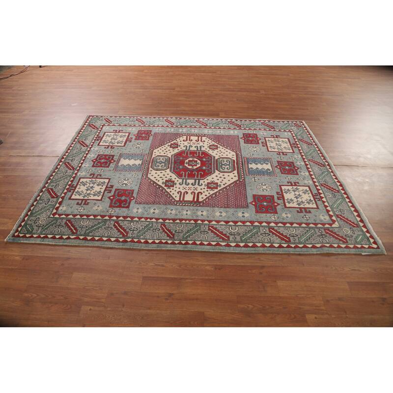 Geometric Kazak Oriental Rug Hand-Knotted Wool Carpet - 5'0" x 6'9"