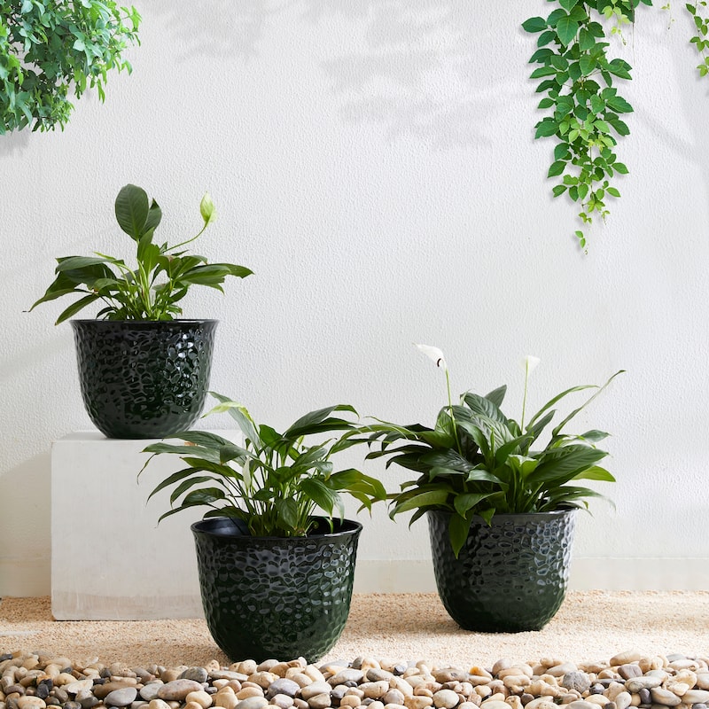 Glitzhome Honeycomb Textured Blue Green Faux Ceramic Pot Plastic Planter(Set of 2 / Set of 3)