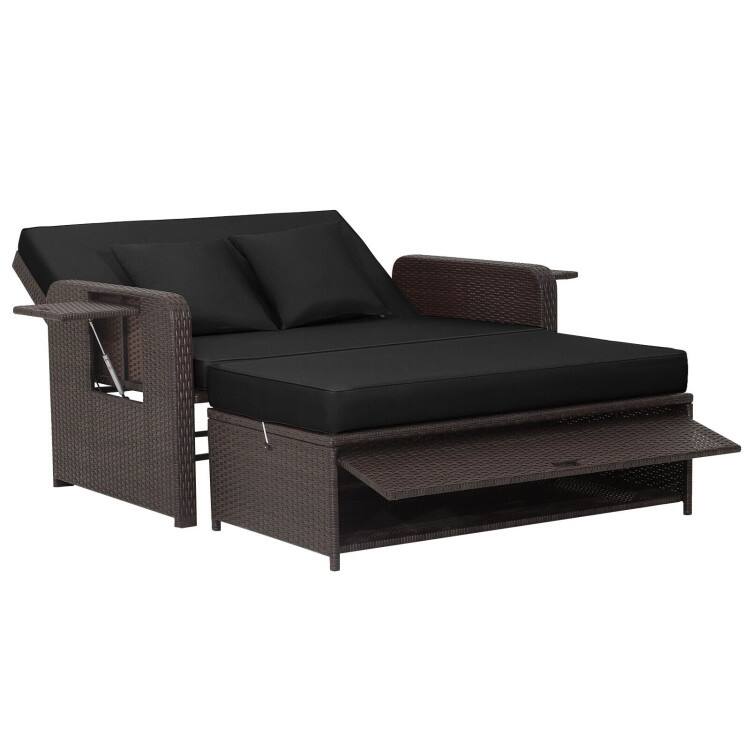 Patio Rattan Daybed with 4-Level Adjustable Backrest and Retractable Side Tray - 31" x 67" x 36"