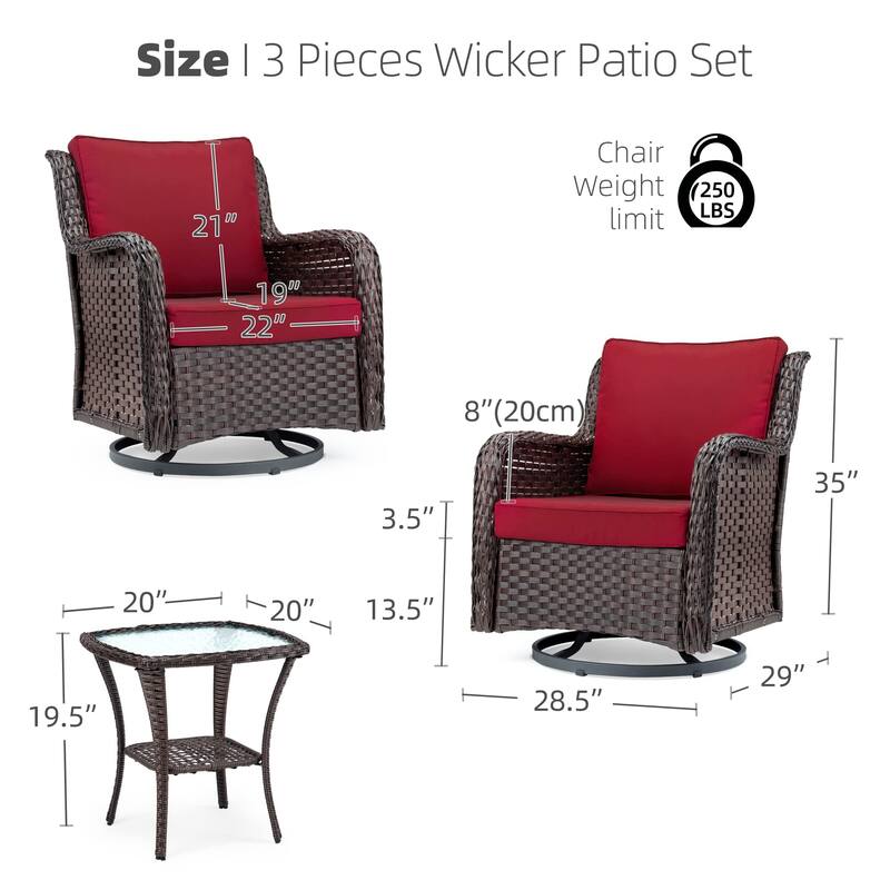 Outdoor 3 Pieces Wicker Patio Bistro Set with Premium Fabric Cushions for Yard