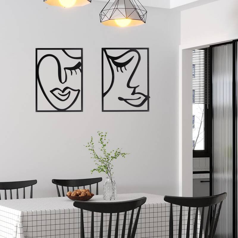 Cinq 3 Piece Set Wall Decor, Face Line Drawing Abstract Design, Black Rectangular Metal Frame
