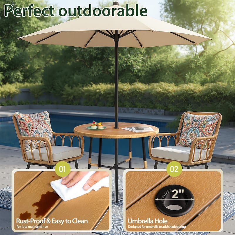 5-Piece Outdoor Patio Dining Round Table Set Included 4 Rattan Chairs with Cushions Seat and Umbrella Hole