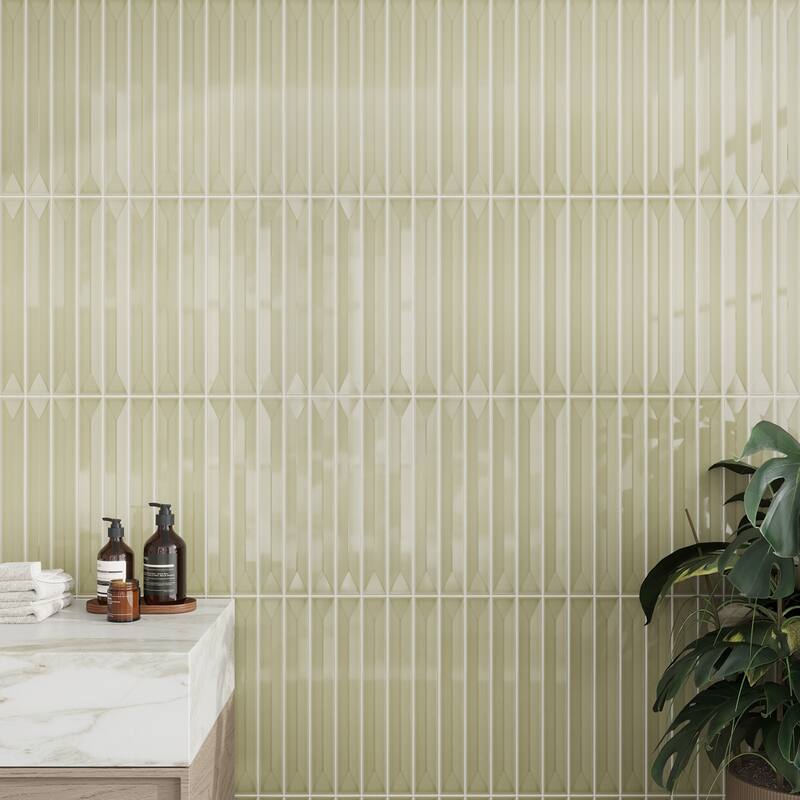 Apollo tile 2" x 16" Horizonte Glossy Soft Olive Ceramic Tile (10.76 sq ft/case) - 50 Pack