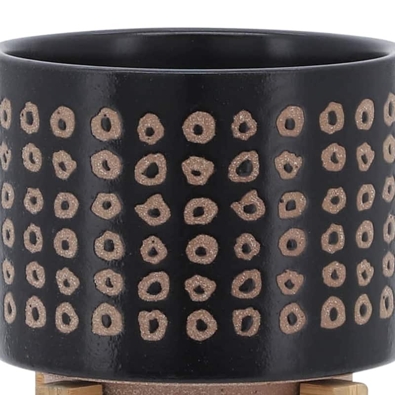 Sagebrook Home Neutral Tan and Brown Ceramic Dotted Planter with Wood Stand Indoor Outdoor