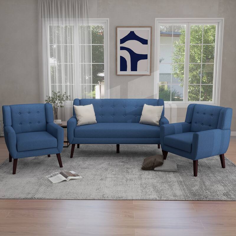 3-Piece Tufted Linen Armchair and Loveseat Set - Blue