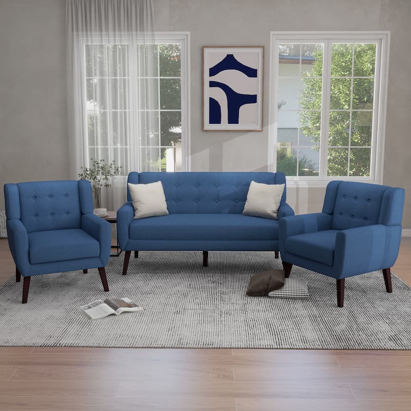 Modern Cotton Linen Upholstered Armchair Tufted Accent Chair - Blue(2Chair+Sofa)