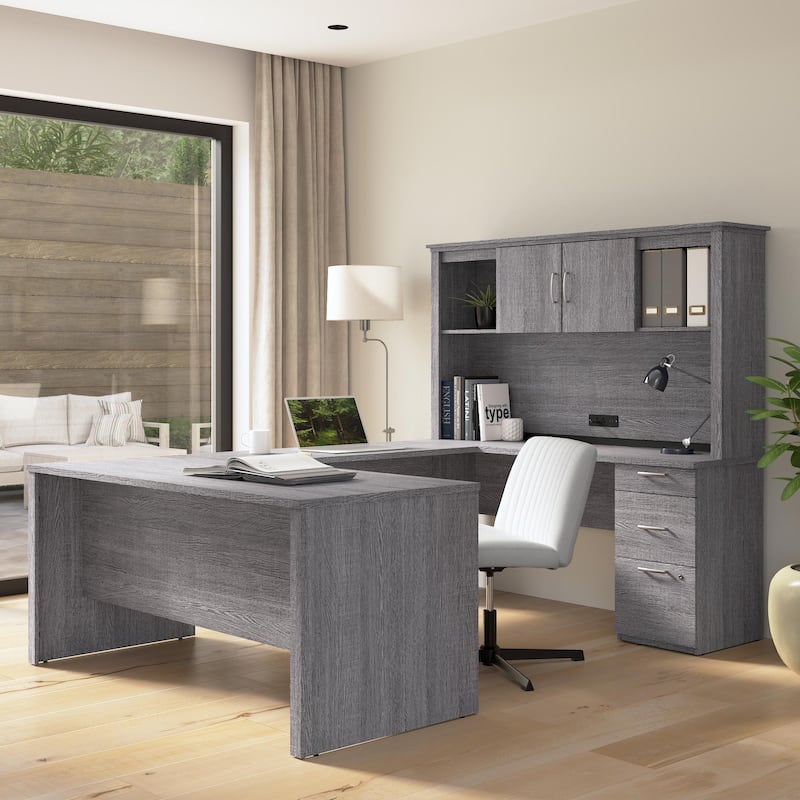 Bestar Logan 66-inch U or L Shaped Desk with Drawers and Hutch