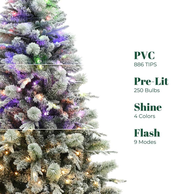 6Ft Full Artificial Snow-Flocked Christmas Tree with Lights, 10-Control & 3-Color Light Modes - 72" H x 41.3" Diameter