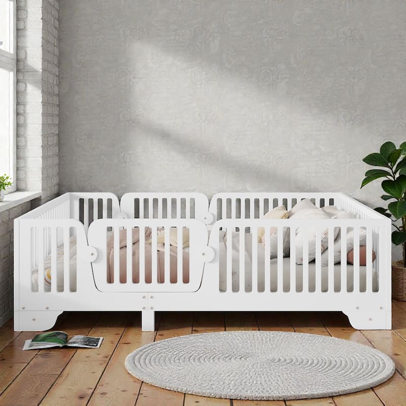 Montessori Floor Bed with Fence and Door, Kids Floor Bed Frame with Slats, No Box Spring Needed