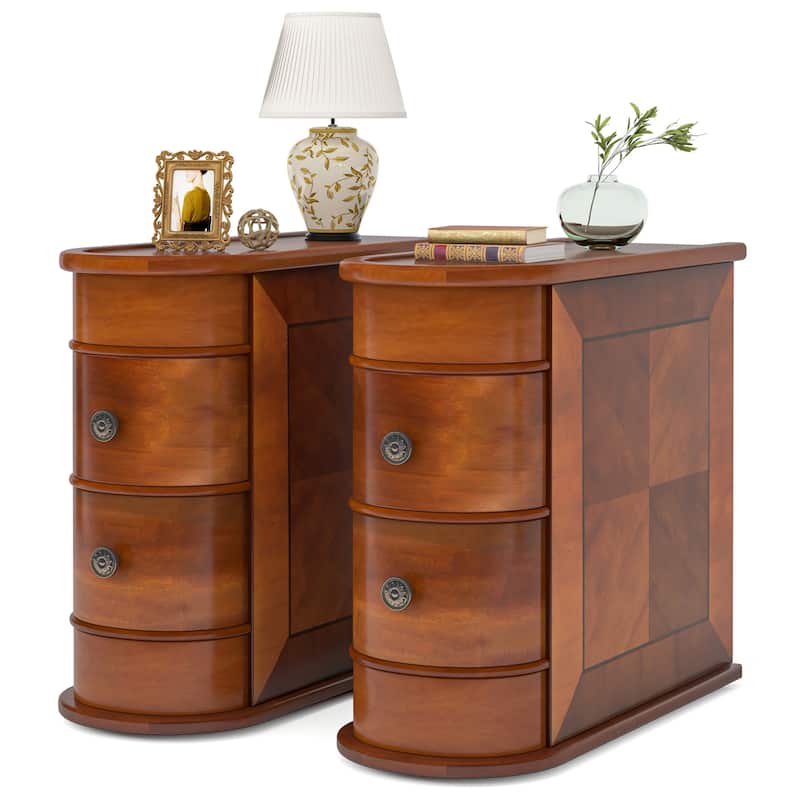 Brown Oak Wooden Side Table with 2 Storage Sliding Drawers for Living Room or Bedroom - 10.83”L x 23.62”W x 23.62”H