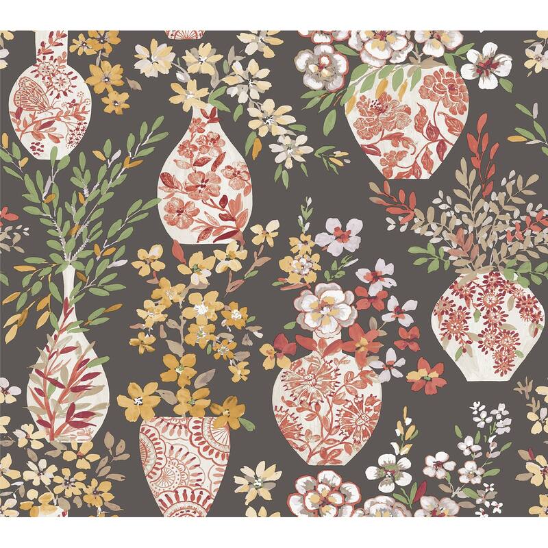 A-Street Prints Harper Brown Floral Vase Wallpaper