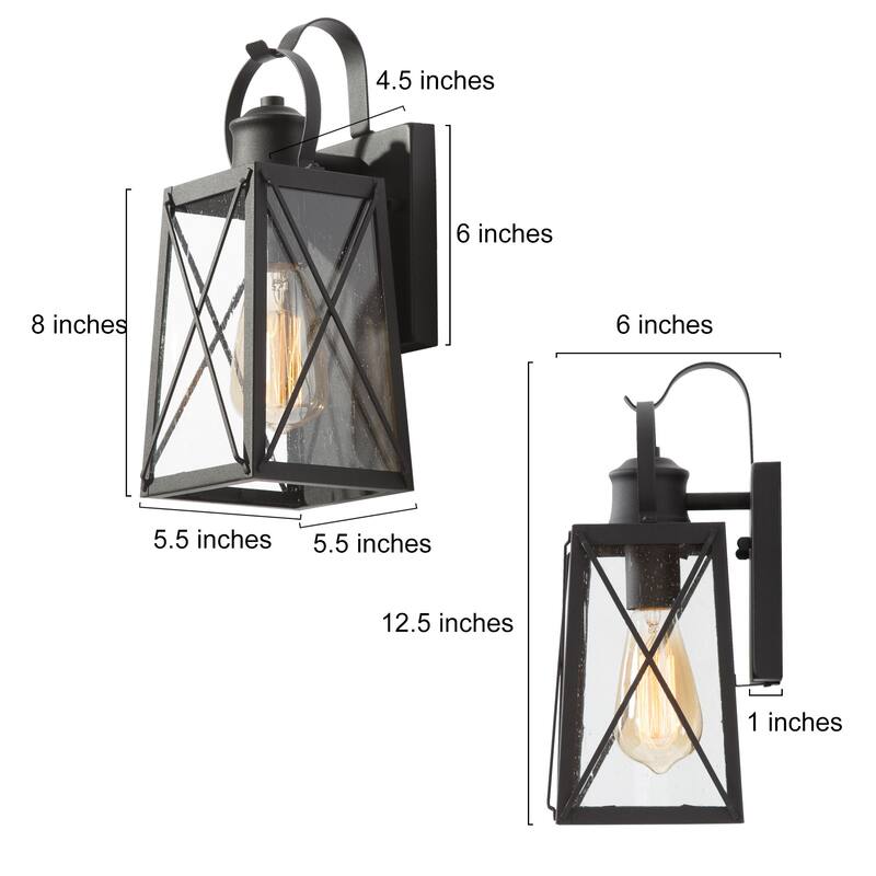 Black 1-Light Outdoor Wall Sconce Patio Lantern Light with Seeded Glass