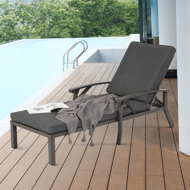 HOMEFUN Outdoor Aluminum Reclining 5-Position Adjustable Backrest Chaise Lounge with Cushion - Grey
