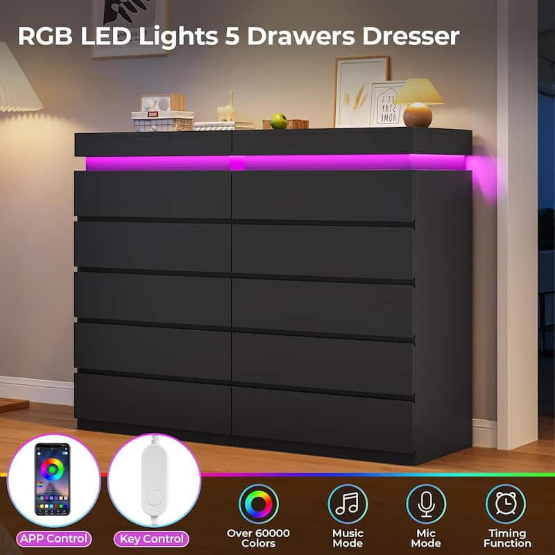 Bedroom Dresser Drawers with LED Light Power Outlet Chest of Drawer