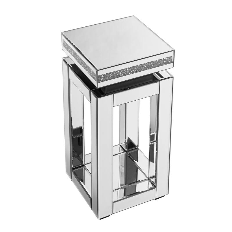 Mirrored End Table Square with Crystals Inlay, 2-Tier Modern Small Sofa Table with Storage, Silver Accent Table for Living Room
