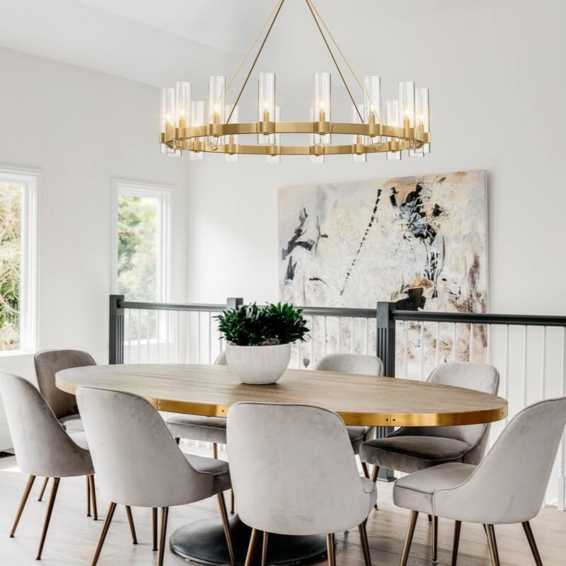 KAYLA 48" 16-Light Gold Chandelier, Wagon Wheel Chandelier with Glass Shade, Modern Farmhouse Chandelier - 48in