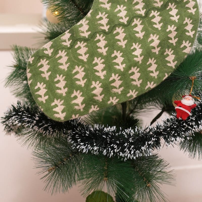 Fabdivine Handmade Christmas Stocking Floral Block Print 10X4.5 Inch Tassel Loop for Home Décor - 10"X4.5"