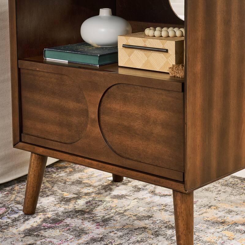 Mid Century Modern Walnut Nightstand with USB Ports, Outlet Hole, Drawer & Open Shelf, Fluted Design, MDF Frame