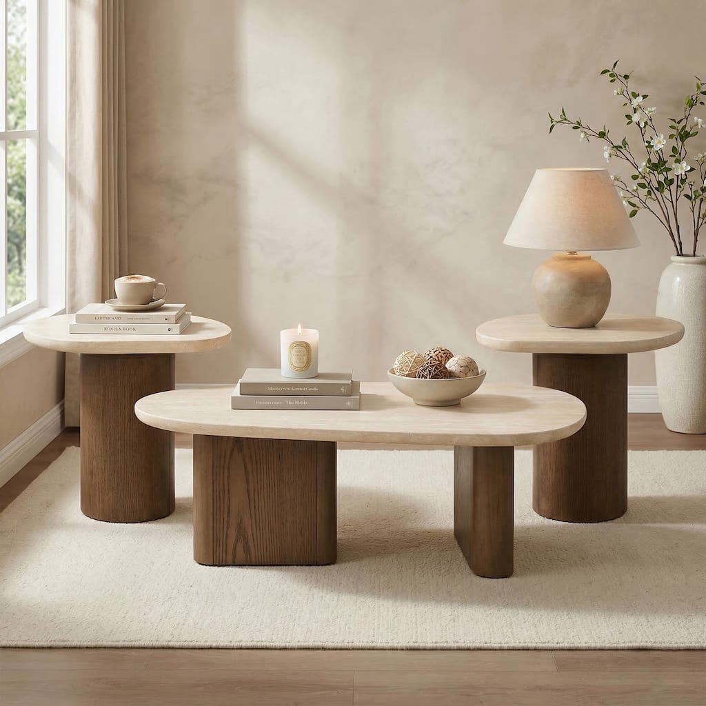 Furniture of America Elrik Modern 3-Piece Brown Oak Wood Coffee Table and 2 End Tables Set with Rounded Edge Travertine Top