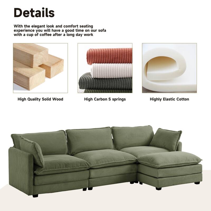 3-Seat Corduroy Modular Sofa with an Independent Removable Ottoman for Living Room or Business
