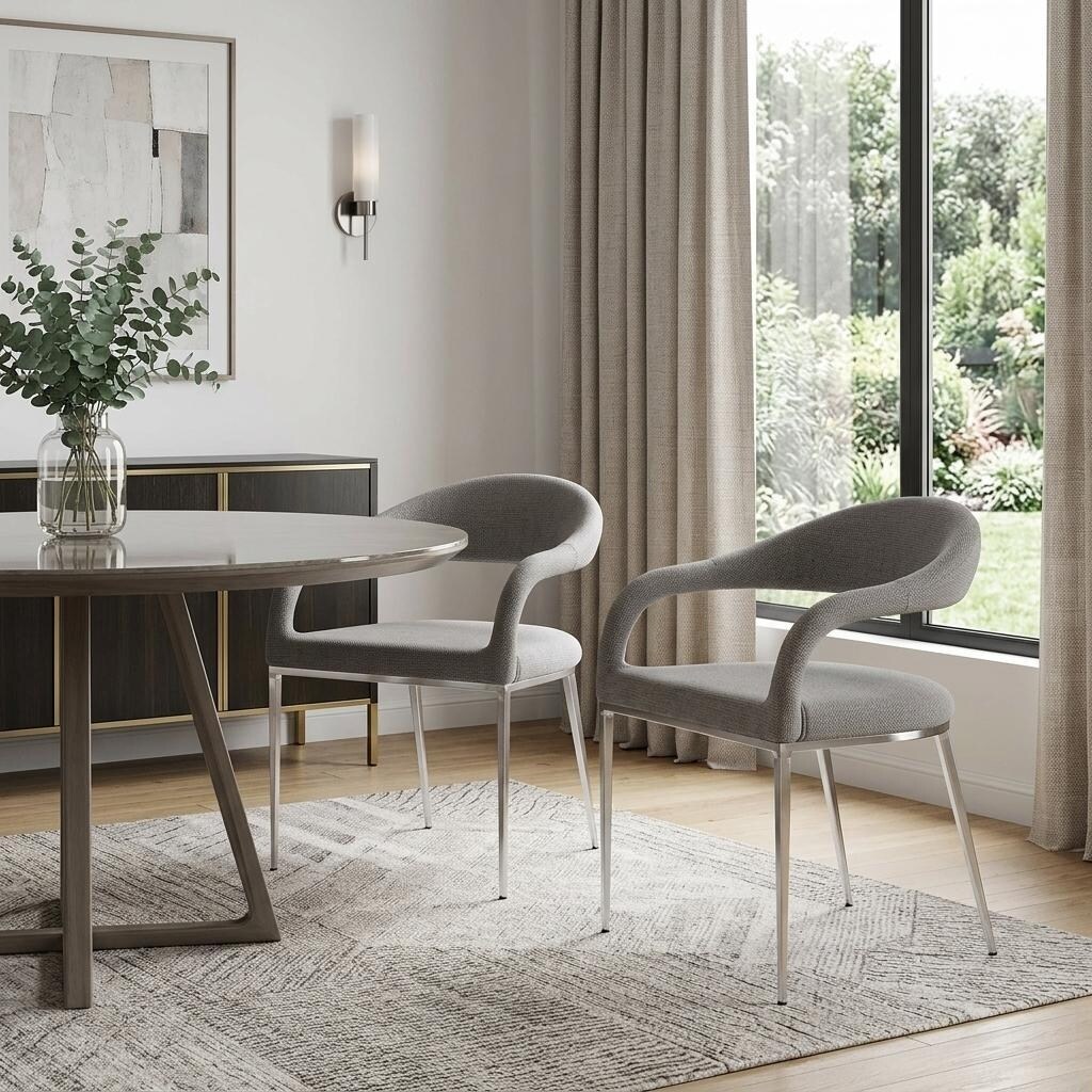 HomeRoots Set of Two Gray And Silver Upholstered Polyester Open Back Dining Arm Chairs - 21.00 in. x 30.00 in. x 22.00 in.